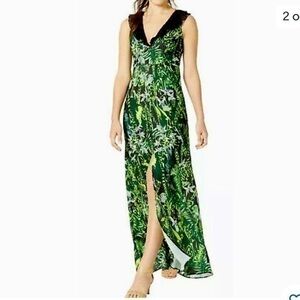 FoxieDox Green and Black Botanical Front Slit Maxi Dress